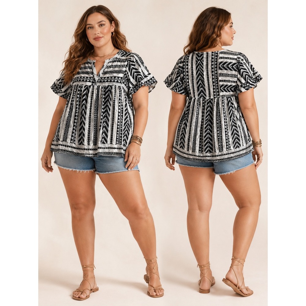 Old Navy XXL Black White Aztec Tribal Print Smocked Babydoll Top NWT Plus Size